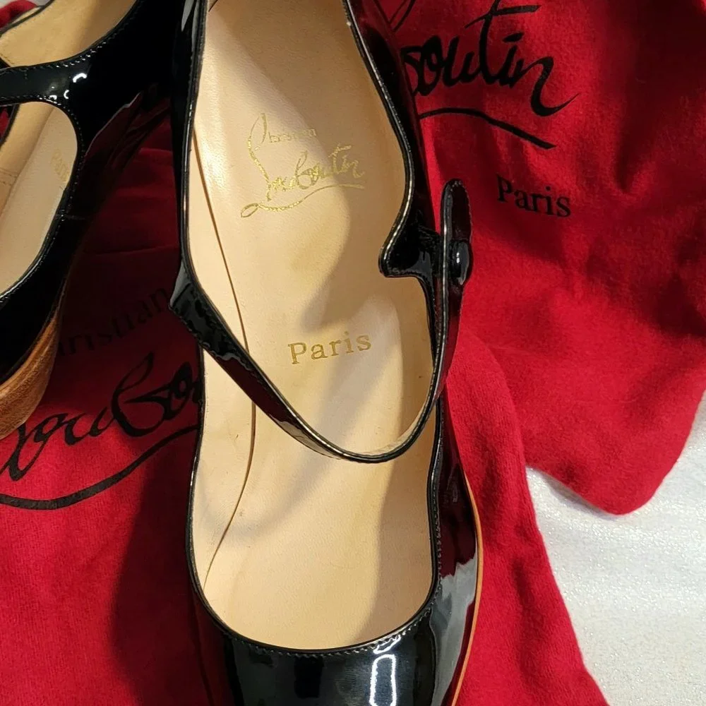 CHRISTIAN LOUBOUTIN Black Patent Leather Zeppa Mary Jane Peep Toe Pumps 39 - Picture 9 of 13
